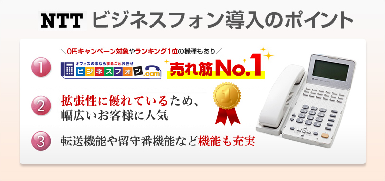 NTTビジネスフォン導入のポイント1ビジフォン.com売れ筋No.1 2拡張性に優れているため、幅広いお客様に人気　3転送機能や留守番機能など機能も充実